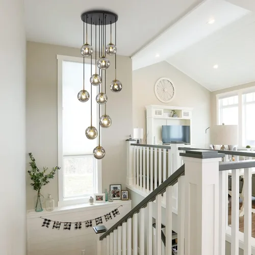 Miniatura 4 de BOKT Lámpara colgante vintage en racimo negro dorado 10 luces globo de vidrio escalera lámpara gris ahumado moderno gran lámpara colgante ajustable