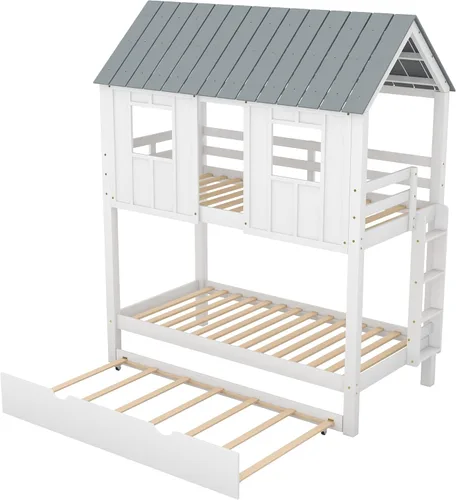 Miniatura 5 de JIVOIT Litera de madera con diseño de techo y ventanas, litera individual sobre individual con nido y escalera integrada para niños, adolescentes