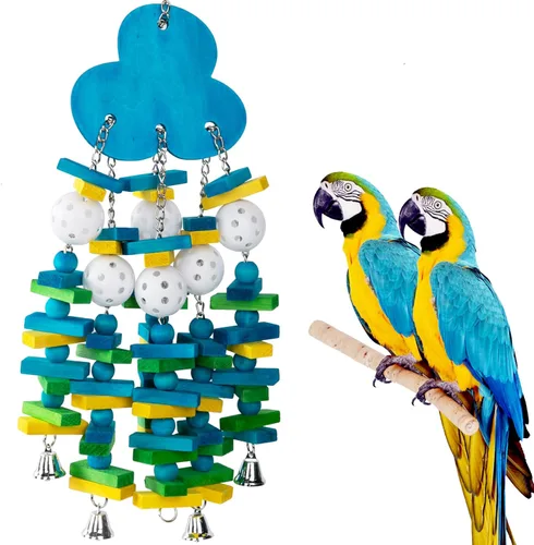 Juguetes de loro para pájaros grandes, juguete de mordida para loros con bloques de madera coloridos y campanas para guacamayos grises africanos y