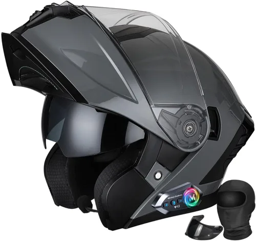 Miniatura 9 de Casco modular de motocicleta Bluetooth aprobado por DOT, abatible de cara completa con doble visera antivaho integrada, forro extraíble lavable
