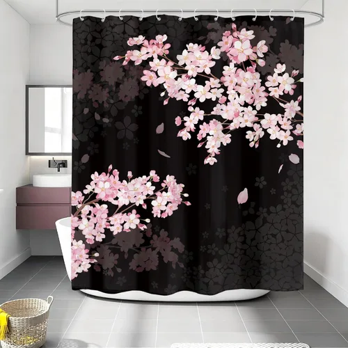 Miniatura 14 de Cortina de ducha floral gris y rosa de 72x72 pulgadas, flores de cerezo en rosa polvoriento y flores llorosas en primavera, tela impermeable