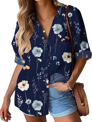 Miniatura 10 de HOTOUCH Camisa de manga larga con botones de lino para mujer, blusa de algodón casual, holgada, con cuello, para trabajo, de gasa, con bolsillo