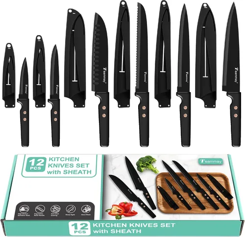 Miniatura 9 de Juego de cuchillos de cocina de 12 piezas, cuchillos de acero inoxidable con revestimiento antiadherente, apto para lavavajillas, juego de cuchillos