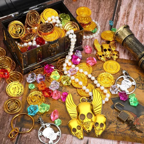 Miniatura 6 de Enhon Caja de juguetes de cofre del tesoro pirata de 147 piezas con cerradura y 1 mapa del tesoro, 100 gemas coloridas, 40 monedas de pirata, 4