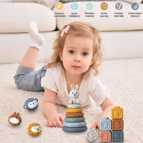 Miniatura 7 de Paquete de juguetes 3 en 1 para bebé, bloques de construcción apilables suaves, anillo de dentición y bolas sensoriales para recién nacidos a 18