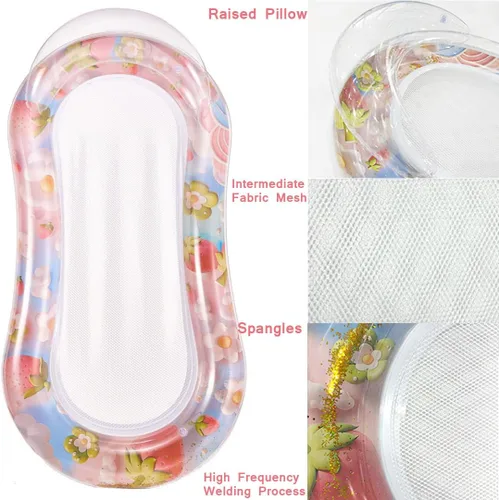 Miniatura 5 de Tumbona inflable para piscina con malla, hamaca de natación para adultos, diseño transparente de sandía/fresas, reposacabezas integrado, relleno