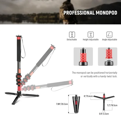 Miniatura 3 de NEEWER Soporte monopie para cámara de 67.7 pulgadas, trípode de viaje de fibra de carbono ligero con base desmontable para videocámara DSLR