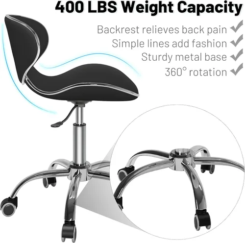 Miniatura 5 de Taburete enrollable ajustable multiusos con respaldo, barra de spa, silla de tatuaje para salón médico, silla con ruedas giratorias 360, resistente