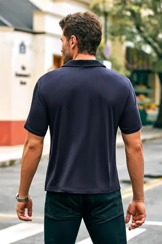 Miniatura 3 de Coutgo Camisas polo con cremallera para hombre, manga corta, a rayas, ajuste regular, cuello Fasion
