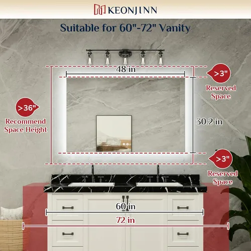 Miniatura 8 de Keonjinn - Espejo de 48x30 pulg retroiluminado LED para baño/tocador, luz de 3 colores ajustables blanca/cálida/natural, lúmenes altos, montaje
