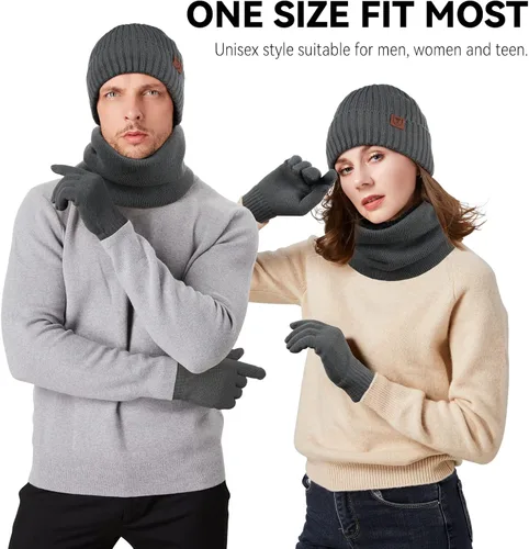 Miniatura 25 de OZERO Juego de 3 piezas de gorro de invierno y bufanda para mujeres y hombres: guantes para pantalla táctil, gorro de punto, calentador de cuello
