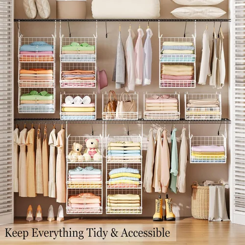 Miniatura 2 de X-cosrack Organizador de armario plegable de 3 niveles, estantes de ropa con 5 ganchos en S, para montaje en pared y armario de alambre para Blanco