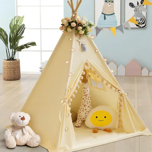 Miniatura 5 de WIRHAO Tienda de campaña tipi para niños con alfombrilla acolchada, lona de algodón, tipi con pompón para niños pequeños, tienda de campaña