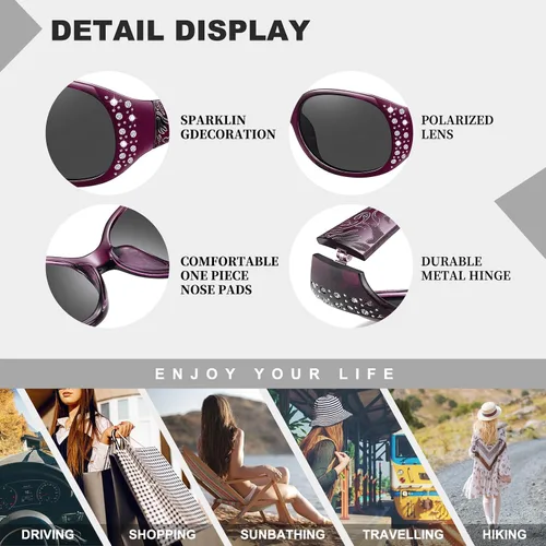 Miniatura 3 de HAOLOTA Gafas de sol polarizadas para mujer, lentes de sol envolventes con diamantes de imitación con protección UV400