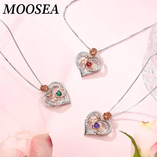 Miniatura 4 de MOOSEA Collar de mamá para mujer, collar de piedra lateral de diamante de moissanita, collar de piedra natal de corazón rosa de oro blanco de 18