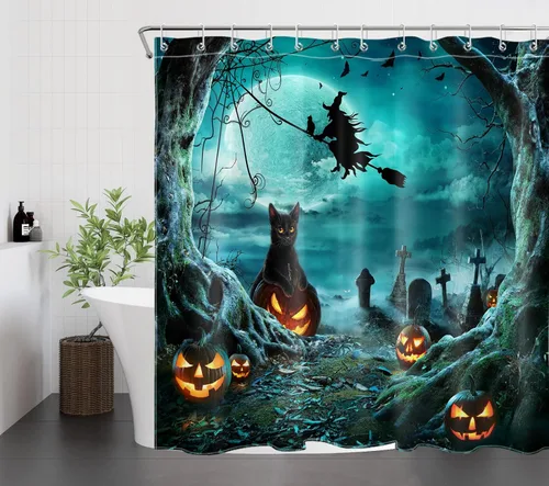 Miniatura 14 de LB Cortina de ducha espeluznante de Halloween, árbol muerto espeluznante con tela de araña de murciélago, cortina de ducha de baño con temática