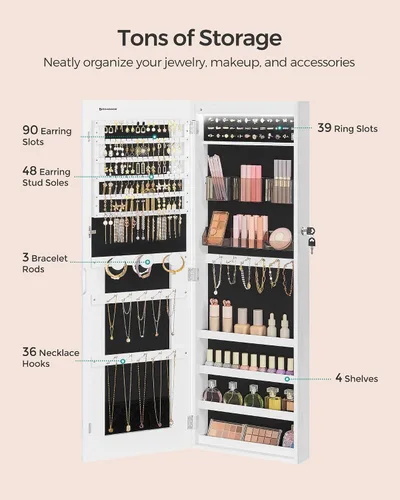 Miniatura 27 de SONGMICS Gabinete colgante de joyería, gabinete de pared con luces interiores LED, organizador de joyas montado en la puerta, espejo de cuerpo Blanco