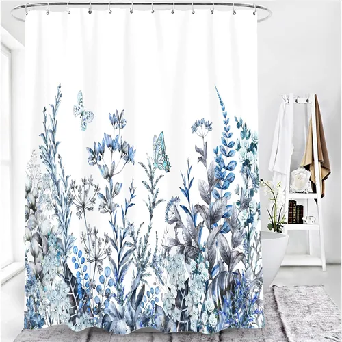 Miniatura 5 de Cortina de ducha floral, juego de cortina de ducha con flores azules, cortinas de ducha botánicas de flores silvestres para baño, tela impermeable