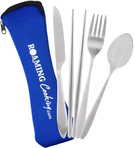 Miniatura 3 de Set de 4 unidades (cuchillo, tenedor, cuchara, palillos) para Viajes/Camping –Cubertería de acero inoxidable con funda de neopreno Juego de 4 piezas
