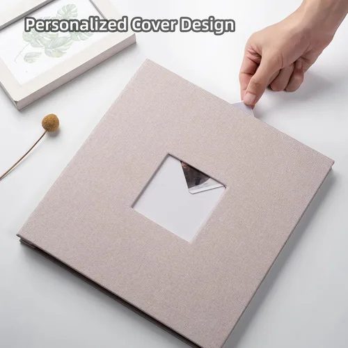 Miniatura 4 de HoneyTolly Álbum de fotos autoadhesivo para fotos de 4 x 6 imágenes, cubierta magnética de lino, 15 hojas/30 páginas en blanco para bodas Beige claro
