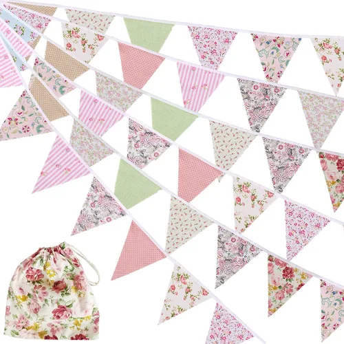 Banderines triangulares de 40 pies, 42 unidades, banderas de tela multicolor, banderines de arpillera, banderas para bodas, fiestas de cumpleaños,