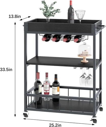 Miniatura 3 de Carro de servicio para bar con soporte para vino de 3 niveles, carrito móvil para el hogar, con ruedas, carrito de cocina industrial