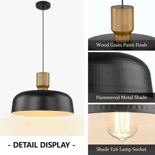 Miniatura 2 de Darkaway Lámpara colgante industrial grande de 18.1 pulgadas con pantalla de metal martillado, iluminación colgante negra sobredimensionada