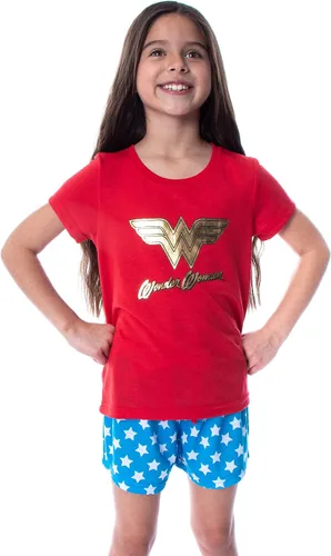 DC Comics - Conjunto de pijama de 2 piezas con camisa y pantalones cortos con logotipo de lámina dorada para niña