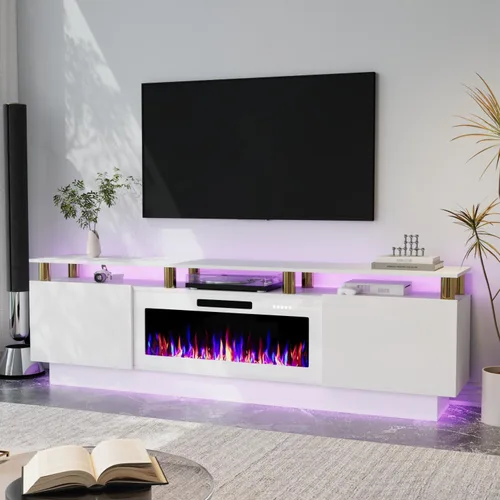 Miniatura 16 de Soporte de TV con chimenea de 36 pulgadas, soporte de TV negro de 70 pulgadas para sala de estar, moderno soporte de TV con chimenea eléctrica