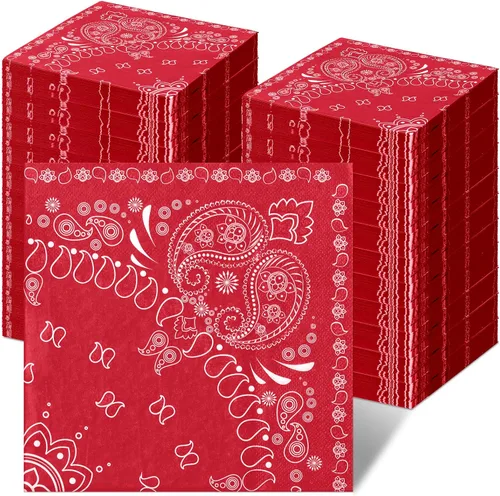 Miniatura 8 de Teling Servilletas tipo bandana de 2 capas desechables con estampado de cachemira a granel para fiesta temática de vaquero occidental