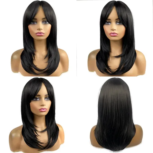 Miniatura 5 de Pelucas largas negras para mujer, pelucas negras con flequillo, peluca sintética de longitud al hombro en capas para fiestas diarias (20 pulgadas)