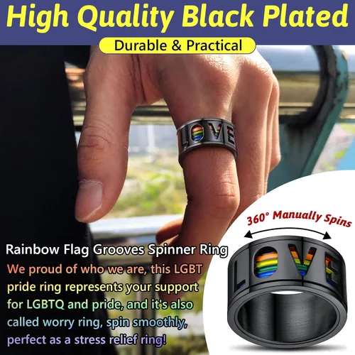 Miniatura 10 de FaithHeart Anillos para ansiedad LGBT Pride Rainbow, acero inoxidable/chapado en oro de 18 quilates, joyería de amor es amor para hombres y mujeres