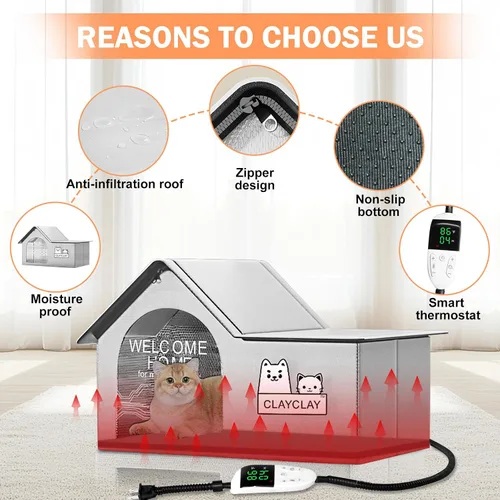 Miniatura 3 de Casa térmica para gatos para mascotas exteriores en invierno, refugio de invierno para gatos y perros pequeños con almohadilla térmica, casa térmica