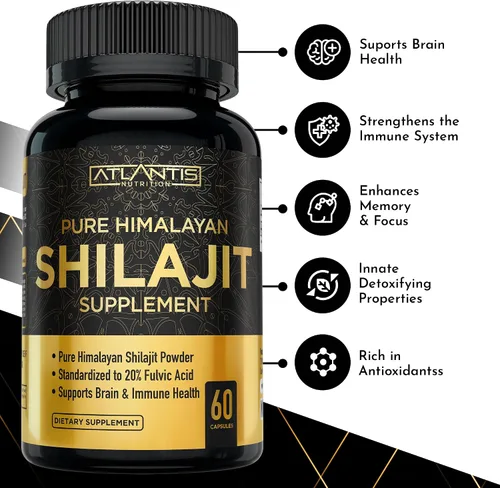 Miniatura 3 de Atlantis Nutrition Cápsulas Shilajit del Himalaya formuladas con 20% de ácido fúlvico Suplemento Shilajit del Himalaya para hombres y mujeres