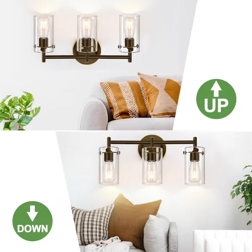 Miniatura 6 de Lámparas de baño de 3 luces actualización 2023, luces de tocador modernas de bronce frotado con aceite con pantalla de vidrio transparente, apliques