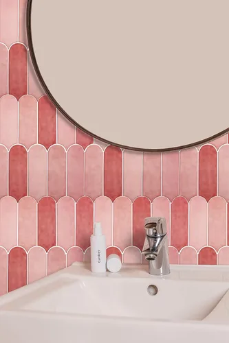Miniatura 5 de Azulejos Rosas para Salpicaduras de Cocina de Despegar y Pegar, Azulejos Autoadhesivos 3D Rosa Brillantes con Diseño de Plumas de Pavo Real