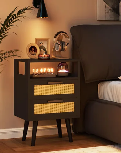 Miniatura 4 de YMYNY Juego de 2 mesitas de noche de ratán, mesa auxiliar bohemia con 2 cajones, estante abierto con diseño arqueado, patas de madera maciza, Negro