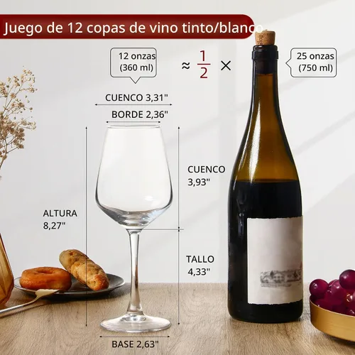 Miniatura 2 de Juego de copas de vino de 12, copa de vino transparente de 12oz roja/blanca, copas de vino de tallo largo para fiesta, boda y hogar