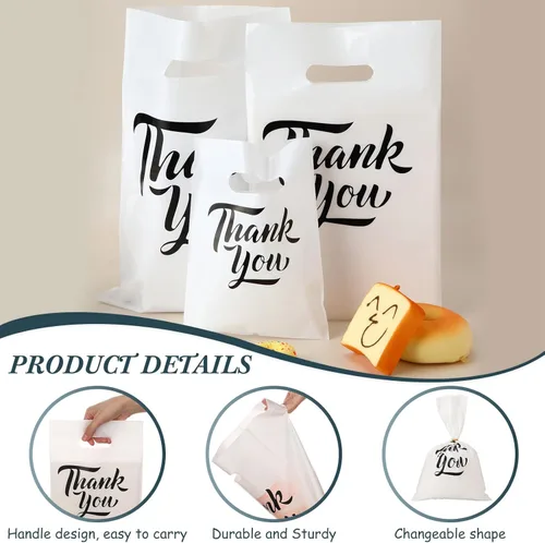Miniatura 3 de Jeyiour 300 bolsas de mercancía de agradecimiento de 3 tamaños, bolsas de compras para negocios con asas, regalo de agradecimiento, bolsas de Blanco