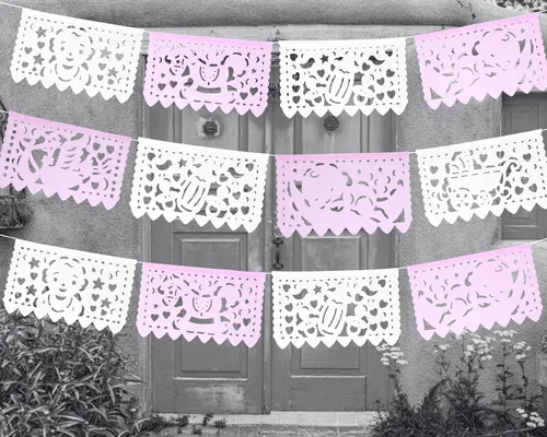 Miniatura 8 de Pancartas de fiesta de baby shower de niña rosa/blanca – Decoraciones de baby shower rosa Fiesta Papel Picado, guirnaldas de papel con serpentinas