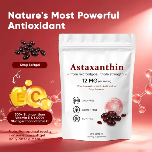 Miniatura 5 de Astaxantina 12 mg, suplementos antioxidantes de astaxantina premium, apoya los ojos, la piel, el sistema inmunológico, las articulaciones