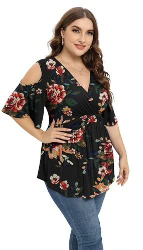 Miniatura 4 de TIANZHU Camisetas de talla grande para mujer, sexy, con cintura imperio, camisas de manga corta con detalle de hombros descubiertos