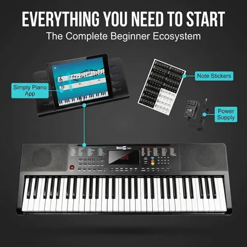 Miniatura 2 de RockJam - Teclado compacto de 61 teclas con soporte para partituras, fuente de alimentación, calcomanías para notas de piano y lecciones de Simply