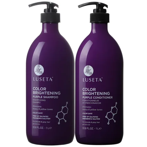 L LUSETA Juego de champú y acondicionador morado iluminador de color para cabello rubio y gris, infundido con aceite de coco nucifera para ayudar a
