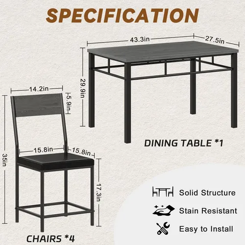 Miniatura 2 de Juego de mesa de comedor para 4, juego de mesa de cocina y sillas de 5 piezas, mesa de comedor rectangular de madera con marco de metal y tablero