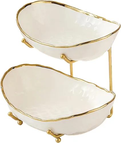 jessie Frutero de cerámica de 2 niveles para encimera de cocina con estante de metal, cesta de frutas con soporte, cuencos de porcelana para