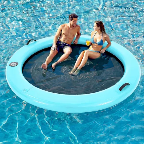 Miniatura 12 de 6-12FT Round Inflatable Floating Dock, Sunchill Float Ring, Water Hammock Tanning Pool Floats with Woven Fabric, Manual Pump for Quick Azul