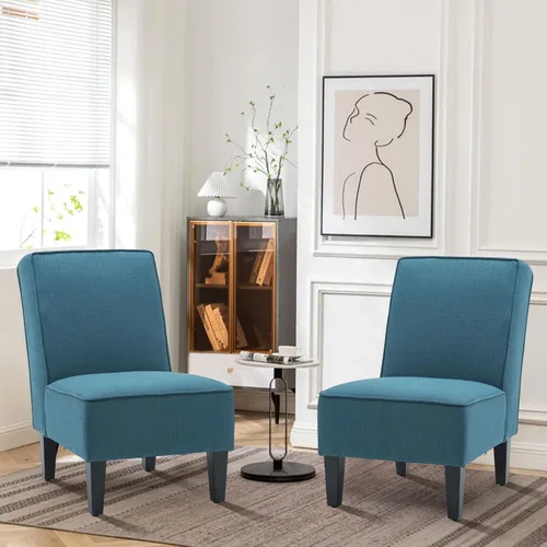 Silla decorativa tapizada sin brazos para sala de estar, juego de 2 sillas deslizantes para dormitorio, tela de lino azul