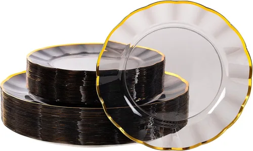 Miniatura 13 de supernal 60 piezas Platos de Cumpleaños Negros y Dorados Platos de Plástico para Fiestas y Platos Desechables Elegantes Platos Festoneados