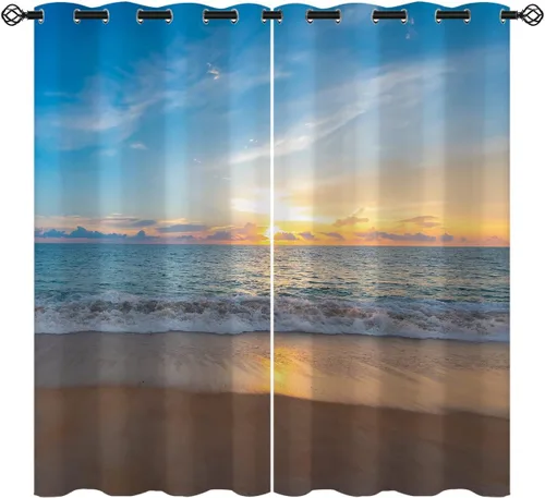 Miniatura 15 de Cortinas opacas de arena para niñas y niños, decoración del hogar, vacaciones, playa, agua azul, puesta de sol, nubes, ojales, aislamiento térmico